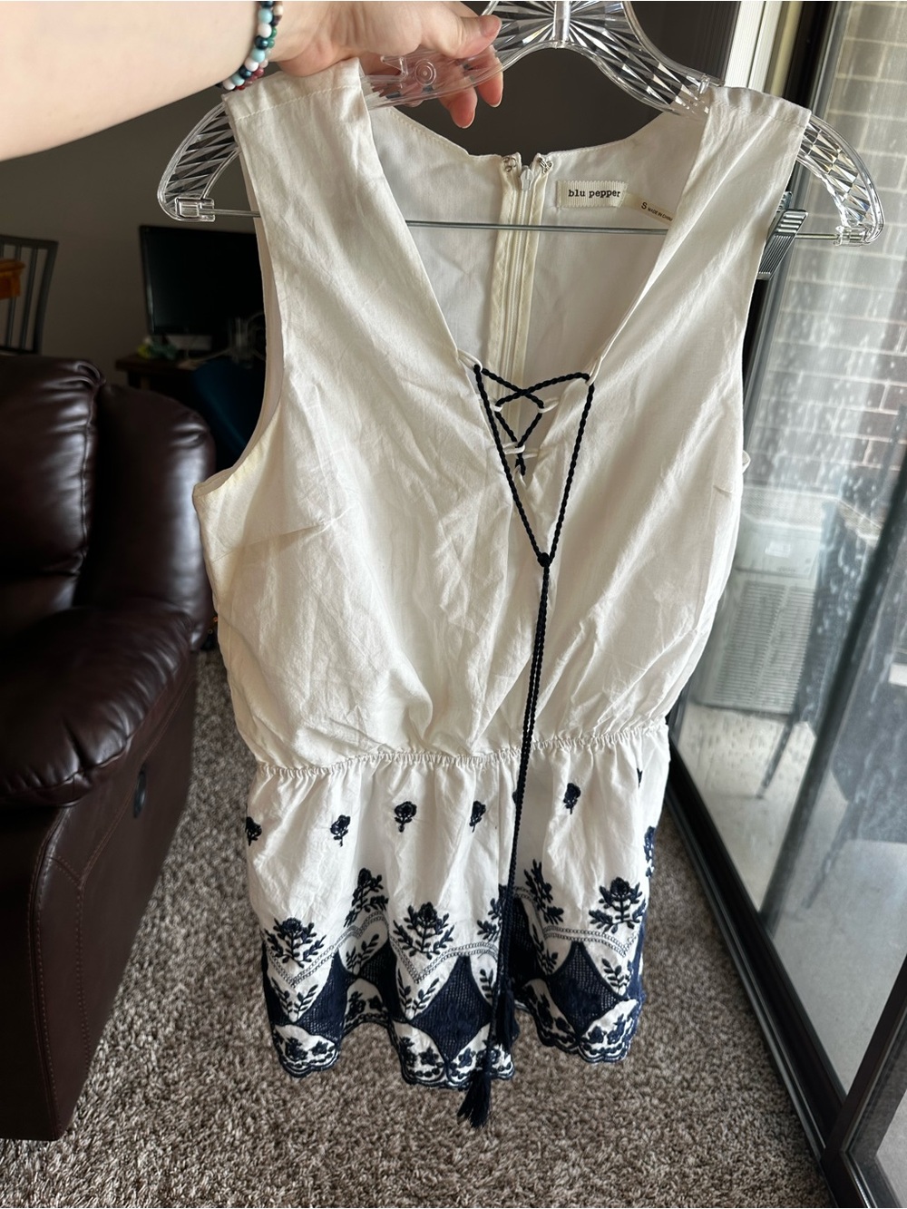 Blu Pepper White Sleeveless Embroidered Romper with Navy Tassel Tie